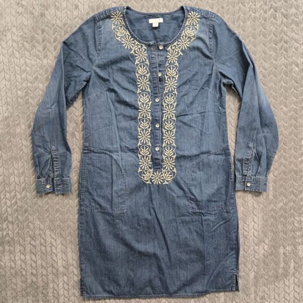 J. Jill Embroidered Chambray Dress Womens Size XS P Bohemian Long Sleeve Pockets